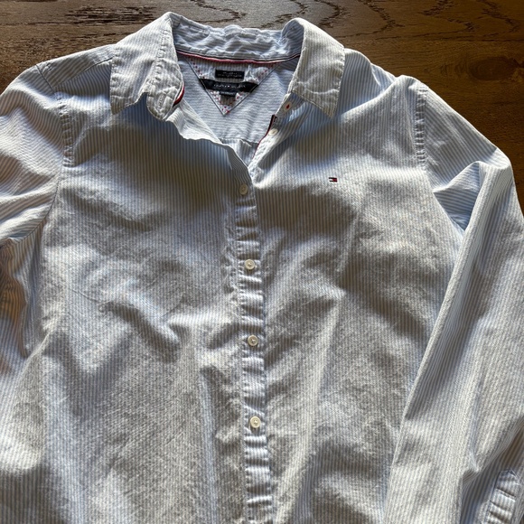 Tommy Hilfiger Women's White and Pale Blue Striped Blouse - Picture 1 of 6